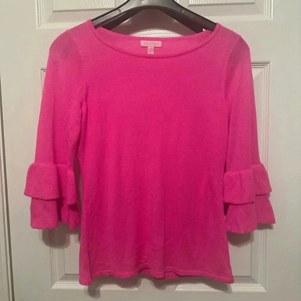 Lilly Pulitzer Pink Ruffle Sleeves Blouse Size Small 100% Acrylic
